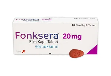 Vortioksetin içeren film kaplı tablet: FONKSERA 20 MG 28 FILM KAPLI TABLET ambalajı. Üretici: LUNDBECK İLAÇ TİC. LTD. ŞTİ.