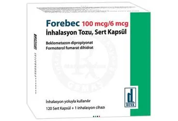 Beklometazon dipropiyonat + formoterol fumarat içeren inhalasyon aerosolü: FOREBEC 100 MCG/ 6 MCG INHALASYON TOZU, SERT KAPSUL (120 KAPSUL) kutu fotoğrafı. Üretici: DEVA HOLDİNG ANONİM ŞİRKETİ.