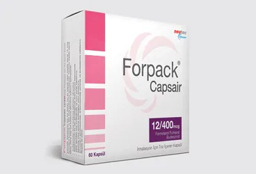 FORPACK 12/400 MCG CAPSAIR INHALASYON ICIN TOZ ICEREN 60 KAPSUL ambalajı. Formoterol + budesonid içeren inhalasyon aerosolü. Üretici: NEUTEC İNHALER İLAÇ SANAYİ VE TİCARET ANONİM ŞİRKETİ.