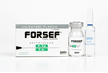 FORSEF IV 500 MG 1 FLAKON kutusu. Seftriakson içeren flakon. Üretici: BİLİM İLAÇ SANAYİİ VE TİCARET A.Ş.