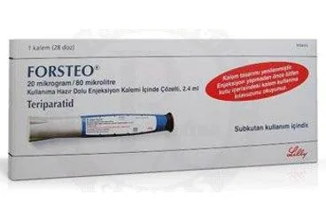 Teriparatid içeren çözelti: FORSTEO 20 MCG/80 MCL KULLANIMA HAZIR DOLU ENJ. KALEMI ICINDE COZELTI 2,4 ML ürün ambalajı. Üretici: LİLLY İLAÇ TİCARET LİMİTED ŞİRKETİ.