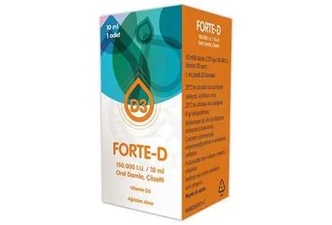 FORTE-D 150.000 IU/10 ML ORAL DAMLA, COZELTI (1 ADET) kutu fotoğrafı, çözelti formunda vitamin d3 içerir. Üretici: MAMSEL İLAÇ SAN VE TİC AŞ.