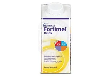 FORTIMEL DRINK MUZ AROMALI 200 ML ambalajı. Etkin maddesi enteral beslenme. Üretici: NUMIL GIDA ÜRÜNLERİ SANAYİ VE TİCARET A.Ş.