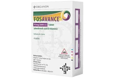 FOSAVANCE 70 MG/2800 IU 4 TABLET (alendronat sodyum + vitamin d) ambalajı, tablet. Üretici: ORGANON TURKEY İLAÇLARI LİMİTED ŞİRKETİ.