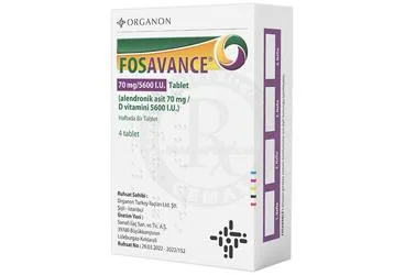 FOSAVANCE 70 MG/5600 IU 4 TABLET (alendronat sodyum + vitamin d) ambalajı, tablet. Üretici: ORGANON TURKEY İLAÇLARI LİMİTED ŞİRKETİ.