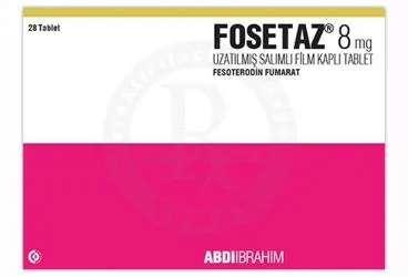 FOSETAZ 8 MG UZATILMIS SALIMLI FILM KAPLI TABLET (28 TABLET) kutu fotoğrafı. Fesoterodin içeren film kaplı tablet. Üretici: ABDİ İBRAHİM İLAÇ SANAYİ VE TİCARET A.Ş.