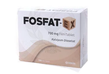 FOSFAT-EX 700 MG 100 FILM TABLET ambalajı. Kalsiyum asetat içeren film kaplı tablet. Üretici: DİNÇSA İLAÇ SAN. VE TİC. A.Ş.