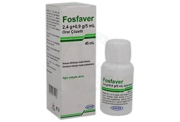 FOSFAVER 2,4 G + 0,9 G/ 5 ML ORAL COZELTI ambalajı. Sodyum fosfat içeren çözelti. Üretici: HAVER FARMA İLAÇ ANONİM ŞİRKETİ.
