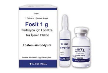 FOSIT 1 G IV PERF. ICIN LIYO. TOZ ICEREN 1 FLAKON (fosfomisin) ürün ambalajı, flakon. Üretici: KOÇAK FARMA İLAÇ VE KİMYA SANAYİ A.Ş.