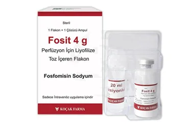 Fosfomisin içeren flakon: FOSIT 4 G IV PERF. ICIN LIYO. TOZ ICEREN 1 FLAKON ambalajı. Üretici: KOÇAK FARMA İLAÇ VE KİMYA SANAYİ A.Ş.
