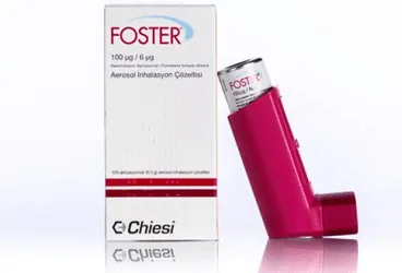 FOSTER AEROSOL İNHALASYON ÇÖZELTİSİ 100 MCG/ 6 MCG 120 DOZ kutu fotoğrafı, inhalasyon aerosolü formunda beklometazon dipropiyonat + formoterol fumarat içerir. Üretici: CHİESİ İLAÇ TİC. A.Ş.