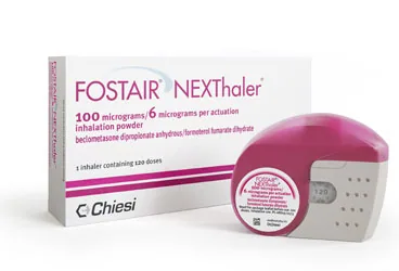 FOSTER NEXTHALER 100/6 MCG KURU TOZ INHALER (beklometazon dipropiyonat + formoterol fumarat) ambalajı, inhaler. Üretici: CHİESİ İLAÇ TİC. A.Ş.