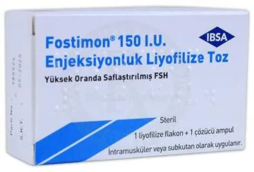 FOSTIMON 150 IU ENJEKSIYONLUK LIYOFILIZE TOZ (1 FLAKON) kutu fotoğrafı. Ürofollitropin;fsh içeren flakon. Üretici: IBSA İLAÇ SAN. VE TİC. LTD. ŞTİ.