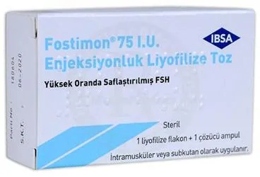 FOSTIMON 75 IU ENJEKSIYONLUK LIYOFILIZE TOZ (1 FLAKON) kutusu, flakon formunda ürofollitropin;fsh içerir. Üretici: IBSA İLAÇ SAN. VE TİC. LTD. ŞTİ.