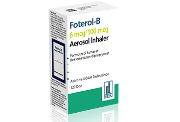 FOTEROL-B 6 MCG/100 MCG INHALASYON COZELTISI ICEREN AEROSOL (120 DOZ) (beklometazon dipropiyonat + formoterol fumarat) ürün ambalajı, inhalasyon aerosolü. Üretici: DEVA HOLDİNG ANONİM ŞİRKETİ.