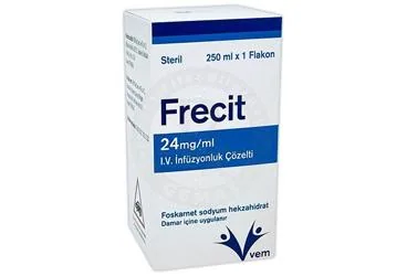 FRECIT 24 MG/ML I.V. INFUZYONLUK COZELTI ürün ambalajı, çözelti formunda foskarnet içerir. Üretici: VEM İLAÇ SAN. VE TİC. ANONİM ŞİRKETİ.