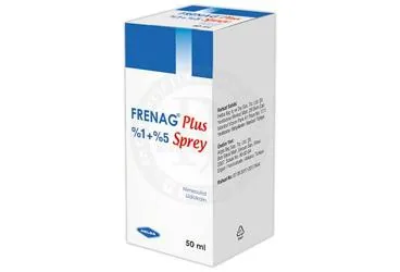 FRENAG PLUS %1 + %5 SPREY 50 ML SISE (nimesulid + lidokain -topikal) kutu fotoğrafı, sprey. Üretici: HELBA İLAÇ İÇ VE DIŞ SANAYİ TİCARET ANONİM ŞİRKETİ.