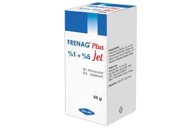 FRENAG PLUS JEL 50 GR (nimesulid + lidokain -topikal) kutusu, jel. Üretici: HELBA İLAÇ İÇ VE DIŞ SANAYİ TİCARET ANONİM ŞİRKETİ.