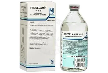 FRESELAMIN %8,5 500 ML SETLI SISE kutusu. Etkin maddesi beslenme solusyonu. Üretici: OSEL İLAÇ SANAYİ VE TİCARET ANONİM ŞİRKETİ.