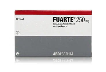 FUARTE 250 MG SUDA DAGILABILEN 28 TABLET kutusu. Deferasiroks içeren tablet. Üretici: ABDİ İBRAHİM İLAÇ SANAYİ VE TİCARET A.Ş.