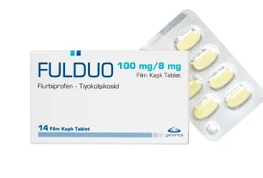 FULDUO 100MG/8MG 14 FILM KAPLI TABLET ürün ambalajı, film kaplı tablet formunda flurbiprofen  + tiyokolşikozid içerir. Üretici: GENVEON İLAÇ SANAYİ VE TİCARET ANONİM ŞİRKETİ.