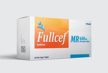 Sefdinir içeren film kaplı tablet: FULLCEF MR 600 MG FILM KAPLI TABLET(10 TABLET) ürün ambalajı. Üretici: CELTİS İLAÇ SANAYİ VE TİCARET ANONİM ŞİRKETİ.