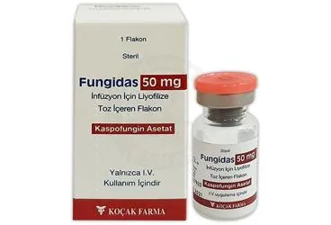 FUNGIDAS 50 MG INFUZYON ICIN LIYOFILIZE TOZ 1 FLAKON ambalajı. Kaspofungin asetat içeren flakon. Üretici: KOÇAK FARMA İLAÇ VE KİMYA SANAYİ A.Ş.