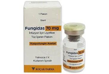 FUNGIDAS 70 MG INFUZYON ICIN LIYOFILIZE TOZ 1 FLAKON ürün ambalajı, flakon formunda kaspofungin asetat içerir. Üretici: KOÇAK FARMA İLAÇ VE KİMYA SANAYİ A.Ş.