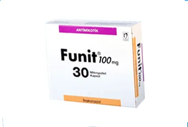 Itrakonazol içeren kapsül: FUNIT 100 MG 30 KAPSÜL kutu fotoğrafı. Üretici: NOBEL İLAÇ SAN. VE TİC. A.Ş.