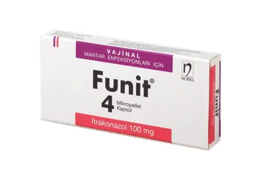 FUNIT 100 MG 4 KAPSUL (itrakonazol) kutusu, kapsül. Üretici: NOBEL İLAÇ SAN. VE TİC. A.Ş.