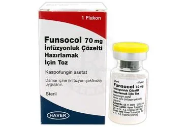 FUNSOCOL 70 MG INFUZYONLUK COZELTI HAZIRLAMAK ICIN TOZ (1 FLAKON) kutusu. Kaspofungin asetat içeren çözelti. Üretici: HAVER TRAKYA İLAÇ SANAYİ VE TİCARET ANONİM ŞİRKETİ.