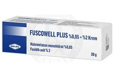 FUSCOWELL PLUS %0,05 + %2 KREM (30 G) (halometazon + fusidik asit) ambalajı, krem. Üretici: HELBA İLAÇ İÇ VE DIŞ SANAYİ TİCARET ANONİM ŞİRKETİ.