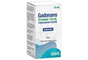 GADONANS 15 MMOL/15 ML ENJEKSIYONLUK COZELTI (15 ML) kutu fotoğrafı, çözelti formunda gadobutrol içerir. Üretici: BİEM İLAÇ SAN. VE TİC. A.Ş.