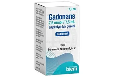 GADONANS 7,5 MMOL/7,5 ML ENJEKSIYONLUK COZELTI kutu fotoğrafı, çözelti formunda gadobutrol içerir. Üretici: BİEM İLAÇ SAN. VE TİC. A.Ş.