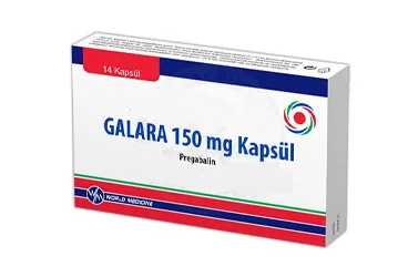 Pregabalin içeren kapsül: GALARA 150 MG 14 KAPSUL ürün ambalajı. Üretici: WORLD MEDICINE İLAÇ SAN. VE TİC. A.Ş.