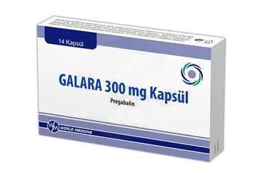 GALARA 300 MG 14 KAPSUL ürün ambalajı. Pregabalin içeren kapsül. Üretici: WORLD MEDICINE İLAÇ SAN. VE TİC. A.Ş.