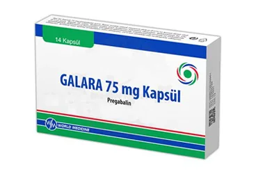 Pregabalin içeren kapsül: GALARA 75 MG 14 KAPSUL kutusu. Üretici: WORLD MEDICINE İLAÇ SAN. VE TİC. A.Ş.