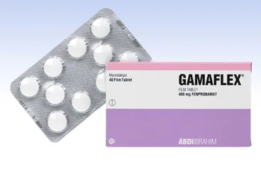 GAMAFLEX 400 MG FILM KAPLI TABLET ambalajı. Fenprobamat içeren film kaplı tablet. Üretici: ABDİ İBRAHİM İLAÇ SANAYİ VE TİCARET A.Ş.