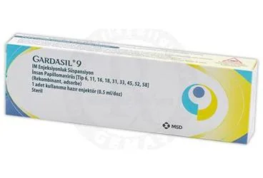 GARDASIL 9 IM ENJEKSIYONLUK SUSPANSIYON (1 ENJEKTOR) kutu fotoğrafı. Papillomavirüs aşısı içeren süspansiyon. Üretici: MERCK SHARP DOHME İLAÇLARI LTD. ŞTİ.