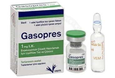 GASOPRES 1 MG I.V. ENJEKSIYONLUK COZELTI HAZIRLAMAK IClN LIYOFlLIZE TOZ VE COZUCU (terlipressin asetat) ürün ambalajı, çözelti. Üretici: VEM İLAÇ SAN. VE TİC. ANONİM ŞİRKETİ.