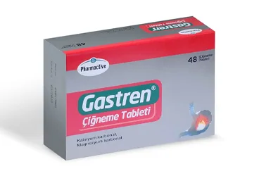 GASTREN 680 MG/80 MG CIGNEME TABLETI (48 CIGNEME TABLETI) (magnezyum , kalsiyum karbonat) ürün ambalajı, çiğneme tableti. Üretici: HUMANİS SAĞLIK ANONİM ŞİRKETİ.