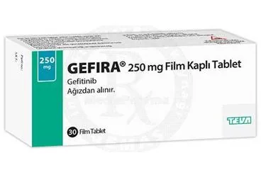 GEFIRA 250 MG FILM KAPLI TABLET (30 TABLET) (gefitinib) ürün ambalajı, film kaplı tablet. Üretici: TEVA İLAÇLARI SANAYİ VE TİCARET A.Ş.