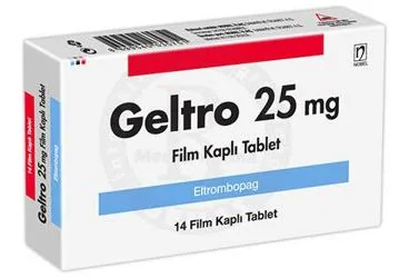 GELTRO 25 MG FILM KAPLI TABLET (14 FILM KAPLI TABLET) ürün ambalajı, film kaplı tablet formunda eltrombopag içerir. Üretici: NOBEL İLAÇ SAN. VE TİC. A.Ş.