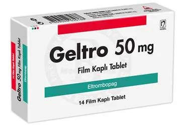 GELTRO 50 MG FILM KAPLI TABLET (14 FILM KAPLI TABLET) kutusu, film kaplı tablet formunda eltrombopag içerir. Üretici: NOBEL İLAÇ SAN. VE TİC. A.Ş.