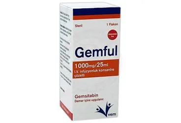 GEMFUL 1000 MG/25 ML I.V. İNFÜZYONLUK KONSANTRE COZELTI (1 FLAKON) kutusu, çözelti formunda gemsitabin hcl içerir. Üretici: VEM İLAÇ SAN. VE TİC. ANONİM ŞİRKETİ.