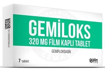 Gemifloksasin içeren film kaplı tablet: GEMILOKS 320 MG FILM KAPLI TABLET (7 TABLET) ambalajı. Üretici: BİLİM İLAÇ SANAYİİ VE TİCARET A.Ş.