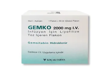 Gemsitabin hcl içeren flakon: GEMKO 2000 MG IV INFUZYON ICIN LIYOFILIZE TOZ ICEREN FLAKON ürün ambalajı. Üretici: KOÇAK FARMA İLAÇ VE KİMYA SANAYİ A.Ş.
