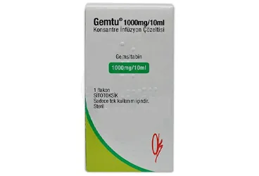 GEMTU 1000 MG/10 ML ENJEKSIYONLUK SOLUSYON 1FLAKON kutusu. Gemsitabin hcl içeren flakon. Üretici: ONKO İLAÇ SANAYİ VE TİCARET ANONİM ŞİRKETİ.