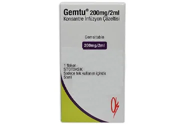Gemsitabin hcl içeren flakon: GEMTU 200 MG/2 ML KONSANTRE INFUZYON COZELTESI (1 FLAKON) ürün ambalajı. Üretici: ONKO İLAÇ SANAYİ VE TİCARET ANONİM ŞİRKETİ.