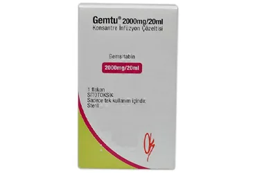 GEMTU 2000 MG/20 ML ENJEKSIYONLUK SOLUSYON (1 FLAKON) ürün ambalajı. Gemsitabin hcl içeren flakon. Üretici: ONKO İLAÇ SANAYİ VE TİCARET ANONİM ŞİRKETİ.